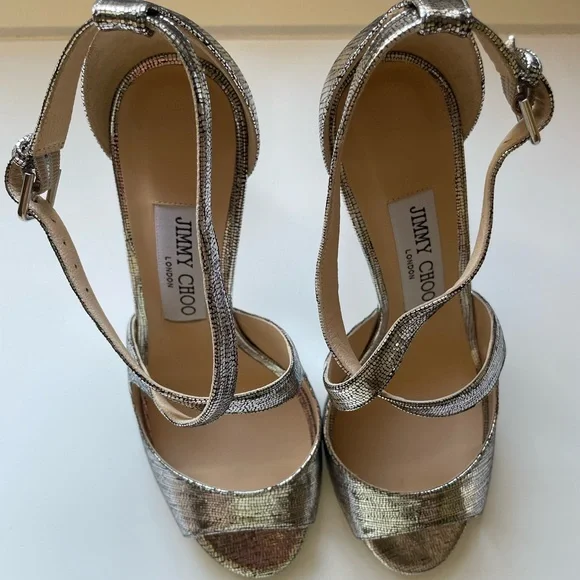 Jimmy Choo Emily 85 Metallic Silver Lizard Print Heels |  37.5 | Like New w/ Box - Picture 5 of 10